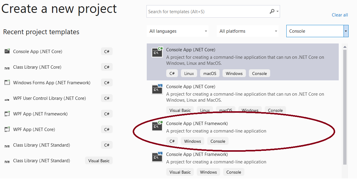 Create new project in Visual Studio