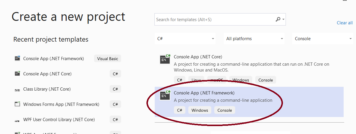 Select Console application template